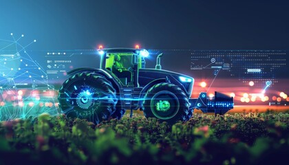 A visually striking digital illustration of a smart farming tractor equipped with AI sensors and GPS technology, set in a lush, high-tech agricultural landscape