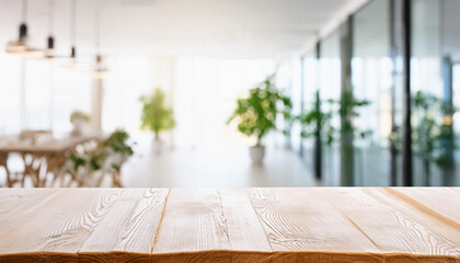 Poster - Empty table board and defocused indoor background. product display concept, high key light