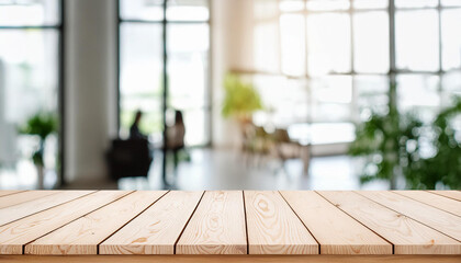 Poster - Empty table board and defocused indoor background. product display concept, high key light