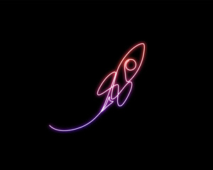 Wall Mural - Neon light glow of Flying rocket ship. Continuous one line drawing of rocket space ship.