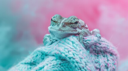Wall Mural -  A chameleon atop a blue-pink knitted blanket against a pink-blue backdrop, surrounded by a pink-blue hued sky