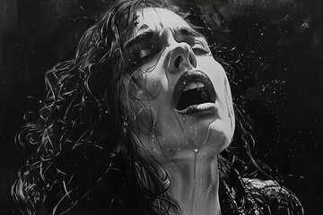 Wall Mural - A woman with her mouth open, screaming in pain as water pours down from above onto her face. Created with Ai