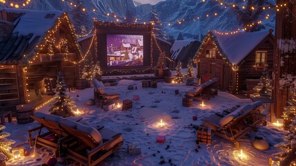 A cozy, rustic winter film festival in a snowy setting with holiday films and charming, lit wooden lodges.