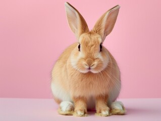 Sticker - A brown rabbit sitting on a pink background with white fur. Generative AI.