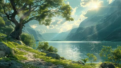 Wall Mural - animation great mountain lake under sunny sky. generated with ai