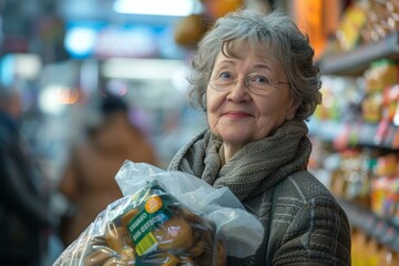 Poster - A woman holding a bag of food in the grocery store. AI.