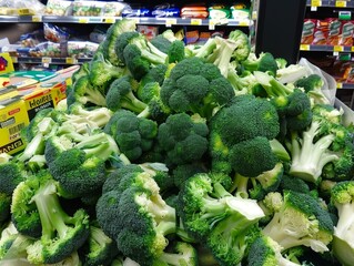 Poster - A pile of broccoli is piled up in a store aisle. AI.