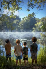 Poster - A group of four boys standing in front of a lake fishing. AI.