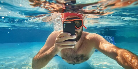 Wall Mural - A man in a swimsuit taking pictures of himself underwater. AI.