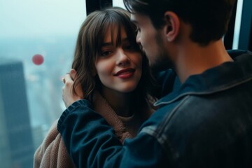 happy girlfriend taking photo with her handsome boyfriend while standing together in the elevato