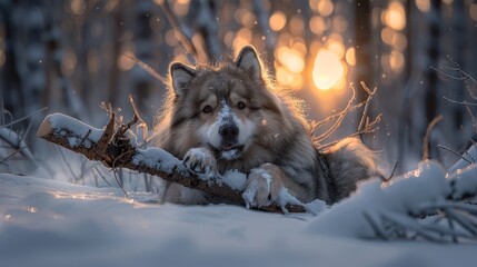 Wall Mural -  A brown-and-white dog lies atop a snow-covered tree branch, surrounded by a forest where sunlight filters through the trees behind its head