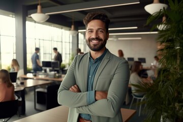 Wall Mural - Happy young Latin professional business man looking at camera at work, portrait. Confident smiling bearded businessman, male entrepreneur, company worker or director standing in coworking office