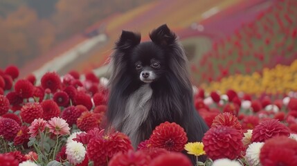  A black-and-white dog stands in a field of red and white flowers Yellow and pink blooms populate the foreground A red, white, and yellow flowered wall lies