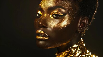 Wall Mural - Striking Portrait of Woman with Golden Makeup and Glittering Skin Highlighting Beauty and Art