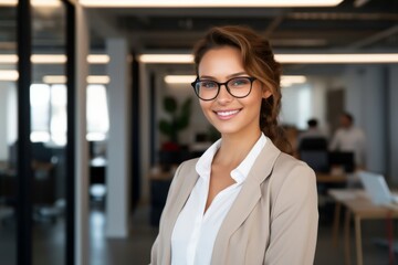 Sticker - Portrait of happy businesswoman in office. Confident female professional is smiling at workplace. Beautiful executive is in formals