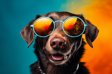 Wall Mural - Dog wearing sunglasses. Happy dog with sunglasses. Portrait of smiling dog wearing sunglasses. Happy pet concept