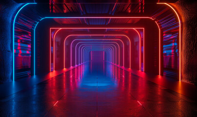 Wall Mural - Futuristic Abstract Neon Tunnel Render: Vibrant Blue and Red Light Effects in Sci-Fi Corridor at Night, Glowing Technology, Cyberpunk, Digital Art, Artistic 3D Illustration, Sleek Modern Design