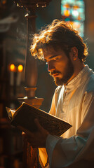 Wall Mural - Young Man Reading Bible at Wooden Stand in Warm Light, Blurred Background, Focused Reflection in Church, Spiritual Devotion, Late Afternoon