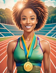 Wall Mural - Olympic games, athlete with athletics gold medal on athletics track