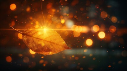 Wall Mural -  A tight shot of a leaf against a softly blurred backdrop Top and bottom of the leaf illuminated by distinct beams of light