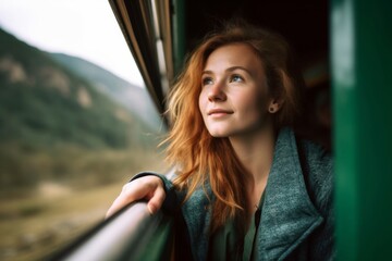 Wall Mural - Wind in her hair on train adventure Female tourist traveling in train standing out of window train and looking beautiful nature