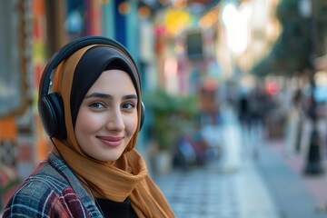 Sticker - Arab woman enjoying music on wireless headphones in urban setting