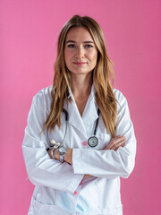 Wall Mural - Portrait of a female doctor in a medical gown on a pink background. Medical specialist in the clinic.