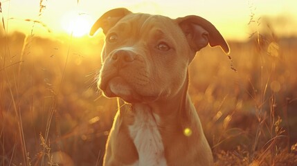 Wall Mural -  A sad-looking dog gazes at the camera, set against a backdrop of tall grass and the sun