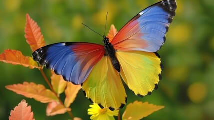  A blue, yellow, and red butterfly sits atop a yellow and green plant Foreground features leaves and close-up green and yellow flowers Background softly blurs into more flowers,