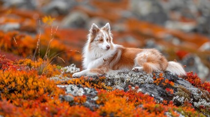 Wall Mural -  A brown-and-white dog rests atop a rock, its surface covered in red and yellow mossy grass Nearby, a pile of rocks and grass is adorned