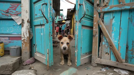 Wall Mural -  A small brown and white dog stands in an open door of a blue building The door's frame and peeling paint surround it The door is ajar, inviting entry The