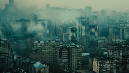 Wall Mural - A city skyline is shown with a hazy, foggy atmosphere