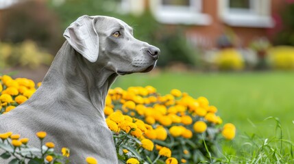 Wall Mural -  A tight shot of a dog in a flower-filled meadow, yellow blooms in the foreground, and a house visible behind