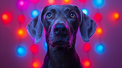  A dog's face, tightly framed, against a vibrant multicolored backdrop Red, blue, green, yellow, and pink light bulbs glow nearby