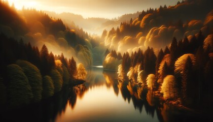 Wall Mural - A calm lake surrounded by dense, spring-colored forest during the golden hour