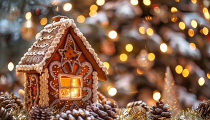 Festive Fusion: Gingerbread House Glows Inside Christmas Tree Pine Cone Display