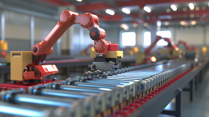 Poster - A line of robots are working on a conveyor belt. The robots are orange and are lined up in a row