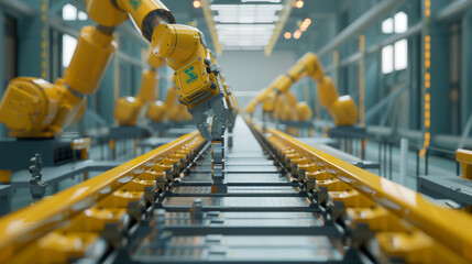 Poster - A line of robots are working on a conveyor belt. The robots are orange and are lined up in a row