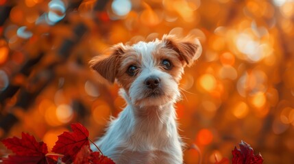 Wall Mural -  A small dog, white and brown, sits before a tree adorned with red leaves Behind, a vibrant bokeh of yellow and orange light