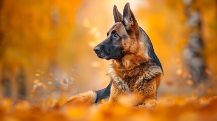 Wall Mural -  A German Shepherd dog sits in an autumnal field, surrounded by vibrant yellow and orange leaves The forest backdrop showcases more golden hues A radiant light illumin