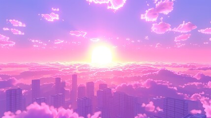 Wall Mural - sun at center, clouds in foreground, buildings in mid-background