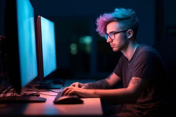 Wall Mural - Software developer Side view of a man in his thirties with dyed hair, a nose ring, and glasses working on a computer at night from the home office which is lightened with red and blue lights