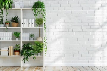 Office bookcase with plants and folders over white wall, empty space. generative ai.