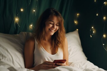 Wall Mural - women in business: beautiful smiling young woman using a mobile phone while lying in bed