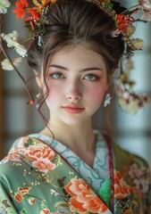 Wall Mural - portrait of a beautiful asian woman in traditional japanese kimono