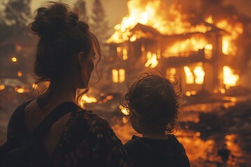 a mother and child look at a burning house in the background, surrounded by intense flames and smoke