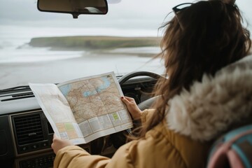 Canvas Print - Young woman in a car overlooks a scenic coastline while holding a road map open on the dashboard, planning her journey