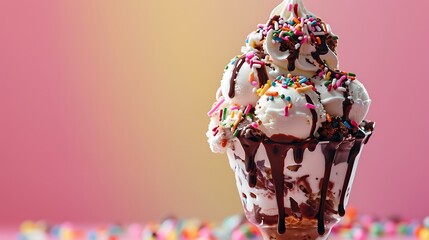 Wall Mural - A towering ice cream sundae with multiple scoops, sprinkles, and chocolate sauce.