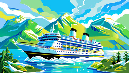 Wall Mural - Majestic Cruise Ship Sailing Through Scenic Mountain Landscape