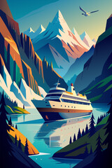 Wall Mural - Majestic Cruise Ship Sailing Through Picturesque Mountainous Landscape
